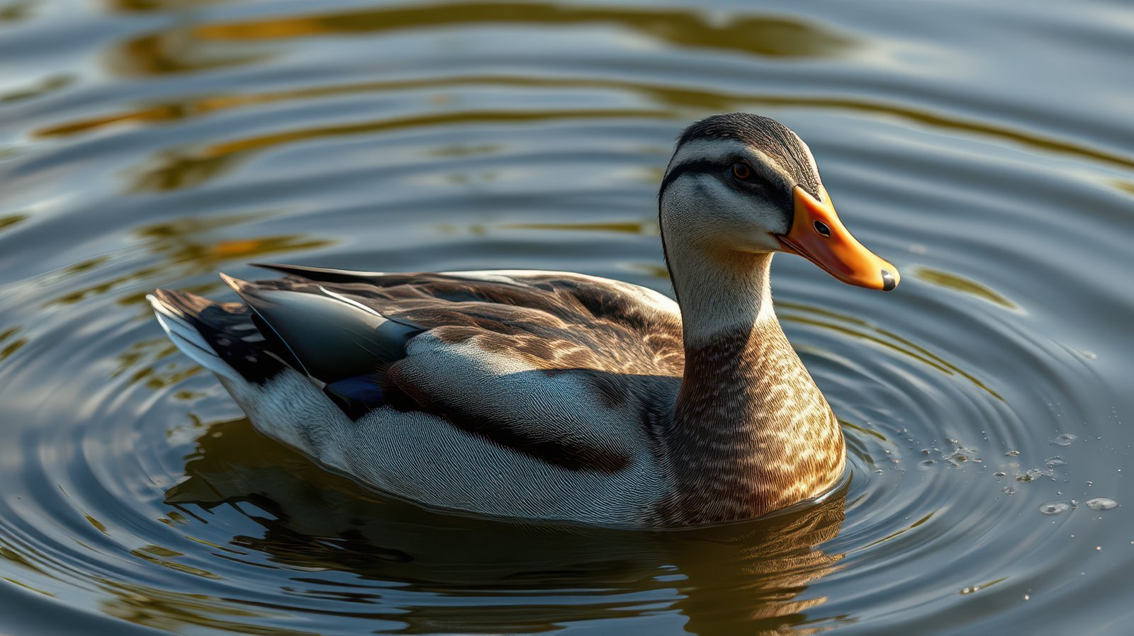 Mallard duck swimming in a serene pond during the golden hour of sunset